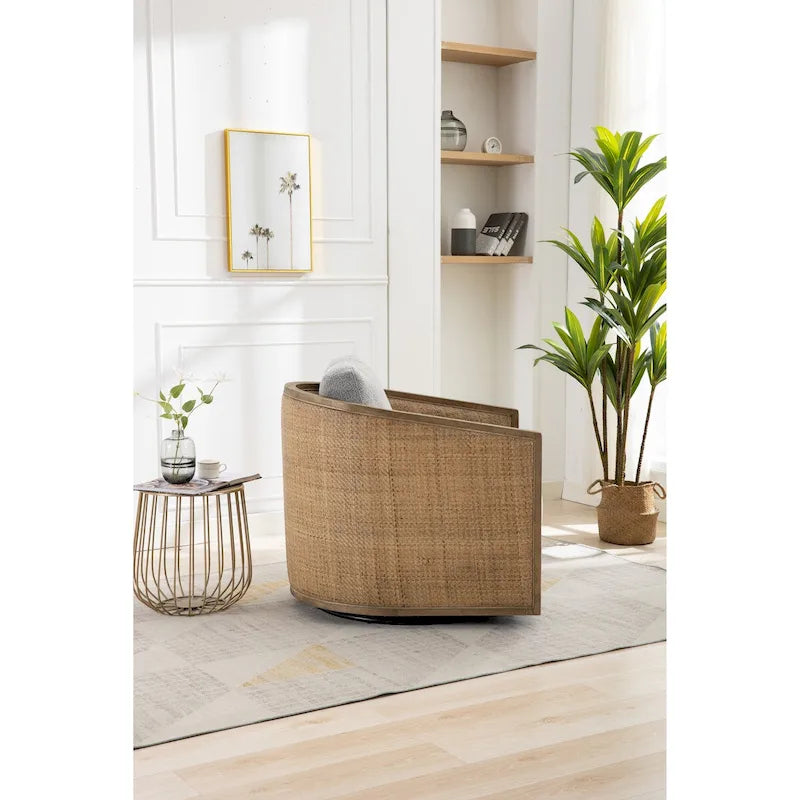 Poltrona a botte girevole, comoda poltrona rotonda d'accento, poltrona club a botte girevole a 360 gradi, poltrona relax con struttura in rattan intrecciato 18
