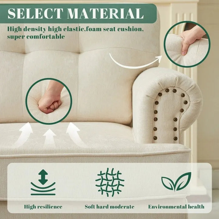 Set of 3 Chenille Sofa Set for Living Room, Button-Tufted & Nailhead Upholstery, Solid Rubberwood Legs 8