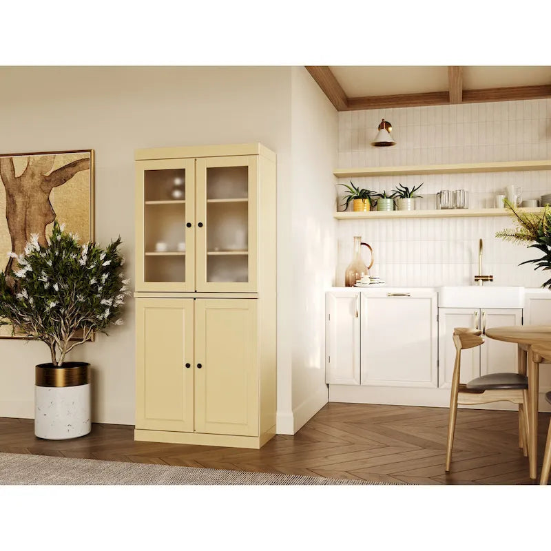 100% Solid Wood Pantry Cabinet with Frosted Glass Doors, Solid Doors, 2-Drawers and Adjustable Shelves 31