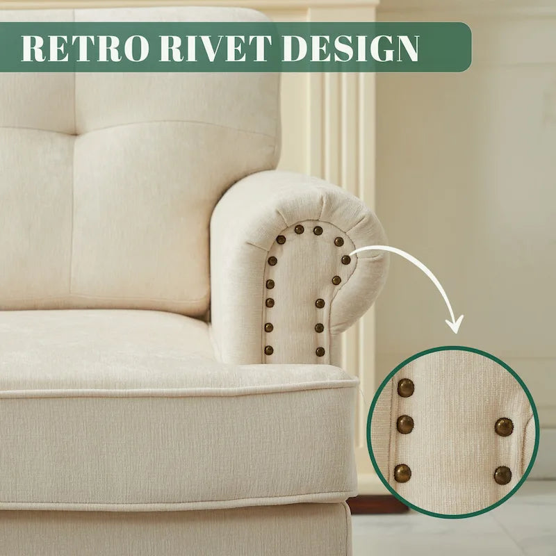 Set of 3 Chenille Sofa Set for Living Room, Button-Tufted & Nailhead Upholstery, Solid Rubberwood Legs 16