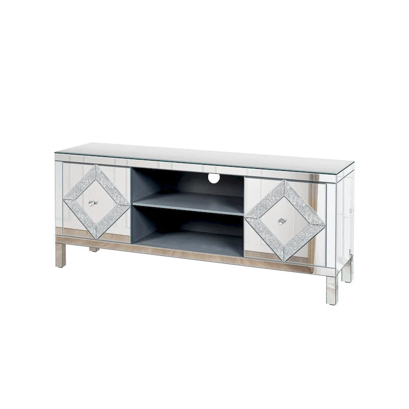 59 TV Stand with Diamond-Shaped Mirror Doors and Storage for TVs Up to 65 12