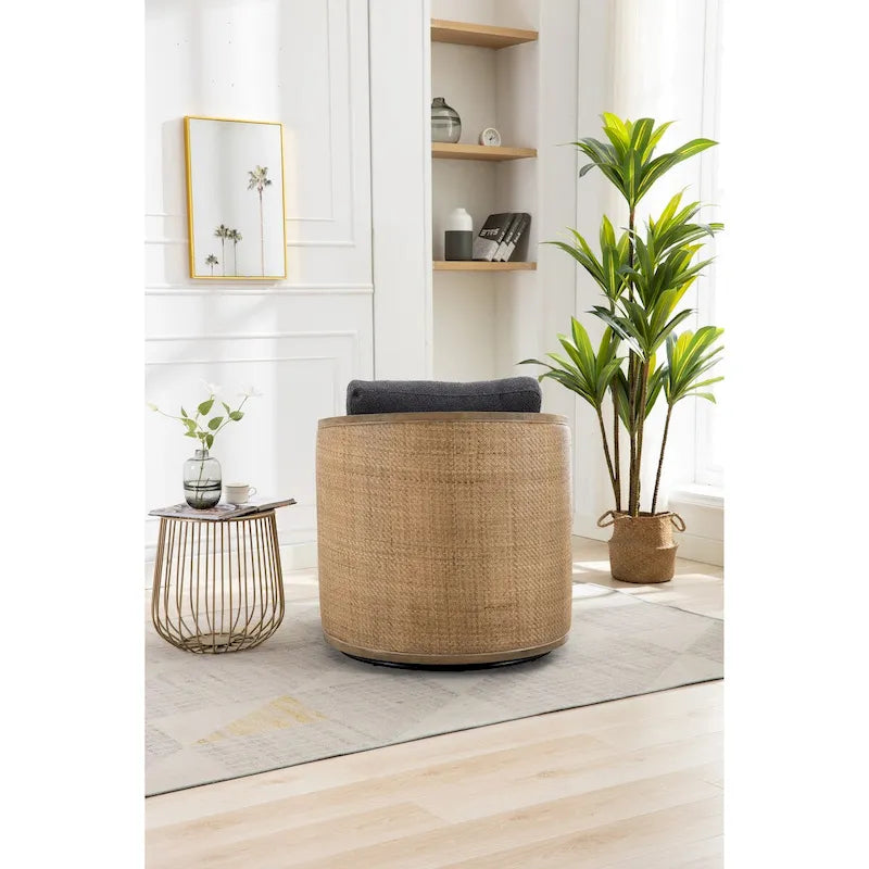 Poltrona a botte girevole, comoda poltrona rotonda d'accento, poltrona club a botte girevole a 360 gradi, poltrona relax con struttura in rattan intrecciato 25