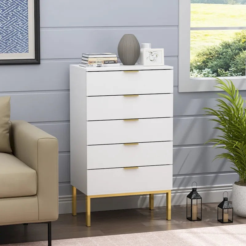 5 Drawer Dresser Chest End Table Storage Cabinet 23.6 W White/Back 8