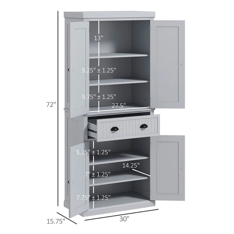 72 Kitchen Pantry Storage Cabinet, Traditional Freestanding Cabinet with 4 Doors and 3 Adjustable Shelves, Large Central Drawer 5