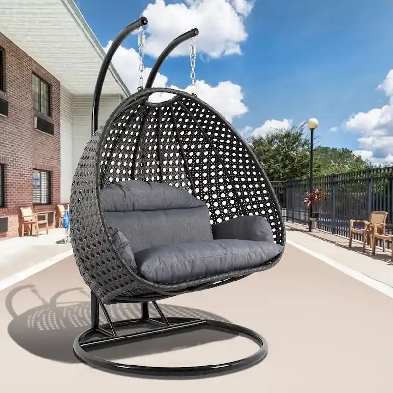 LeisureMod 2 Person Hanging Egg Chair with Stand - Outdoor/Indoor Rattan Wicker Patio Swing Hammock Lounger with Cushions 21