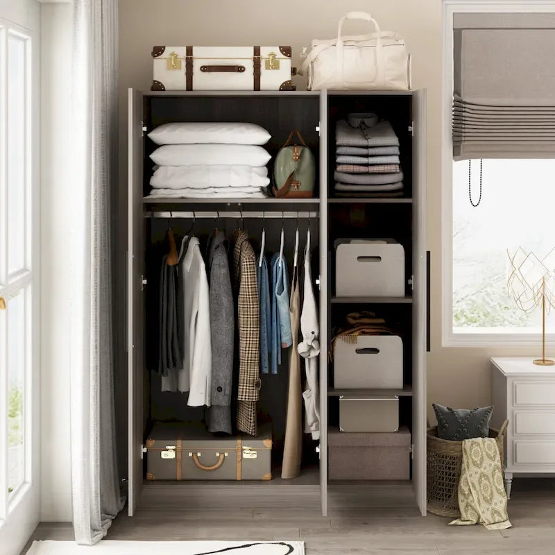Wardrobe Armoire Wooden Closet Cabinet 6 Storage Cube and Hanging Rod 23