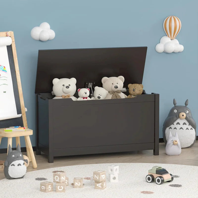 Kids Wooden Toy Box Storage with Safety Hinged Lid for Ages 3+ 5