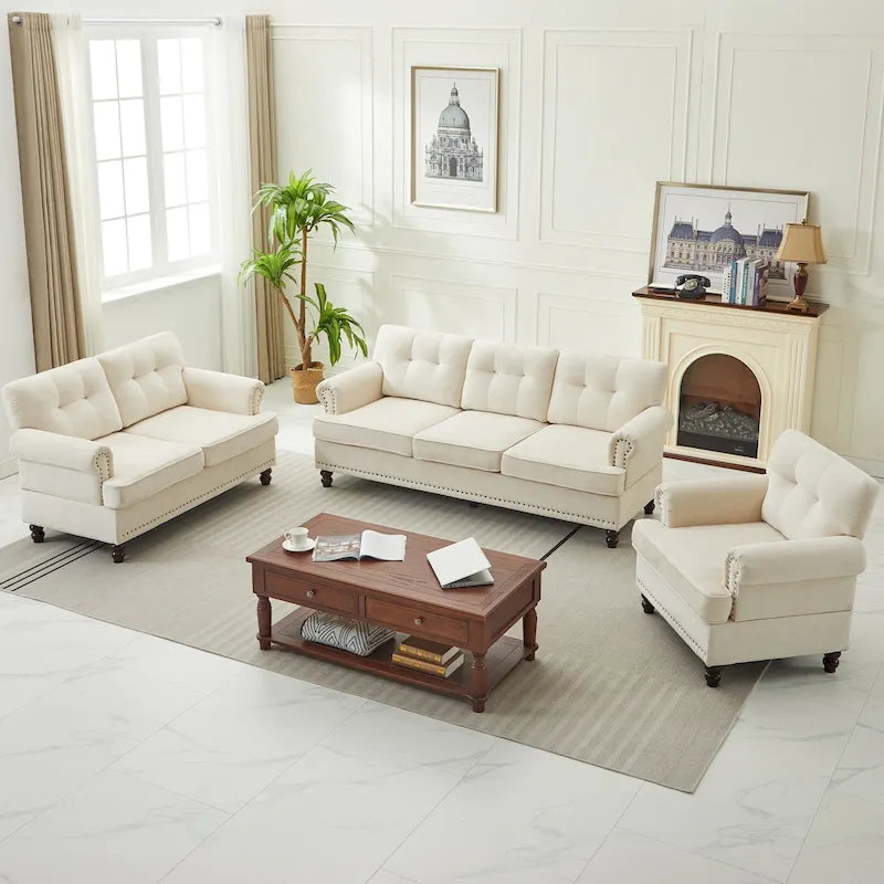 Set of 3 Chenille Sofa Set for Living Room, Button-Tufted & Nailhead Upholstery, Solid Rubberwood Legs 6