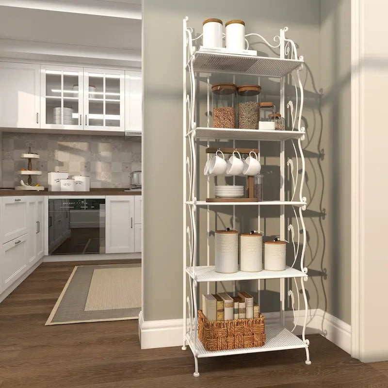 Metal Scroll Indoor Outdoor Tall Folding 5 Shelves Bakers Rack - Gold or White - Roche River Decor 26