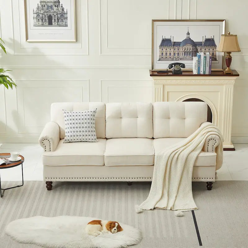 Set of 3 Chenille Sofa Set for Living Room, Button-Tufted & Nailhead Upholstery, Solid Rubberwood Legs 13