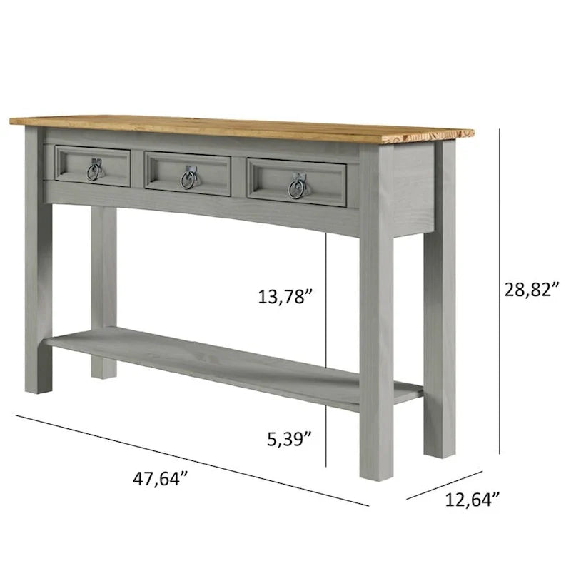 Rustic Solid Pine Console Hall Table, White Wash / Antique Brown / Gray Wash / Unpainted, 3 Drawers 24