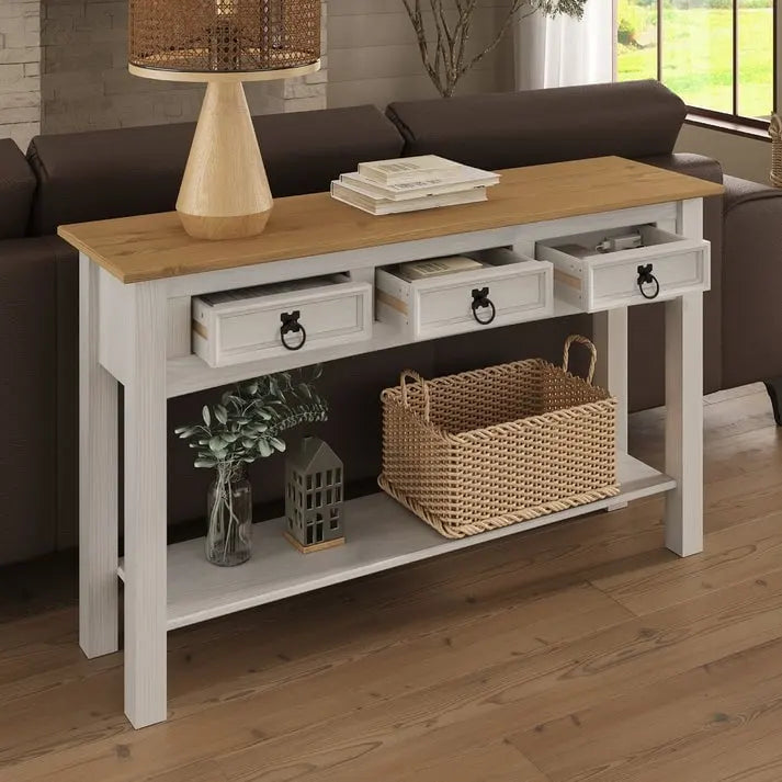 Rustic Solid Pine Console Hall Table, White Wash / Antique Brown / Gray Wash / Unpainted, 3 Drawers 21