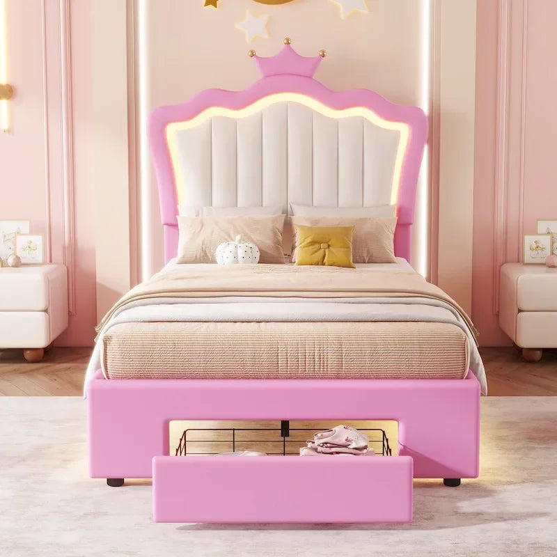 Twin Size Upholstered Bed Frame with LED Lights, Modern Upholstered Princess Bed with Crown Headboard, a Drawer, Pink+White 10