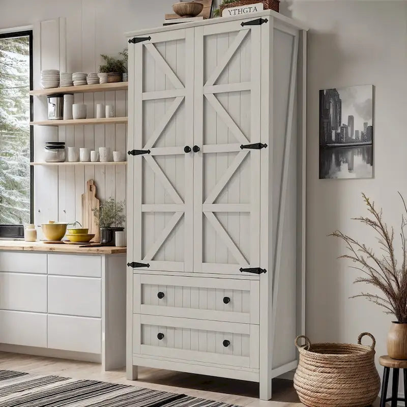 64 Farmhouse Tall Kitchen Pantry Storage Cabinet with 2 Drawers & Doors 15