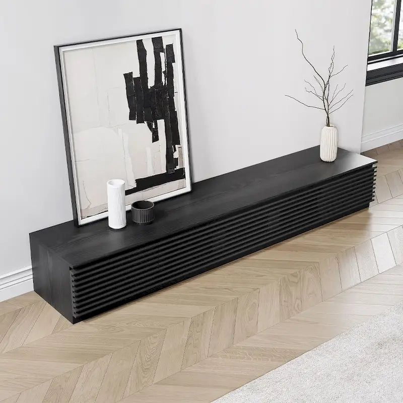 Minimalist TV Stand with DrawersSolid Wood Media Console with Cabinets, Flip-down Door, Walnut Veneer, Fully-Assembled 21