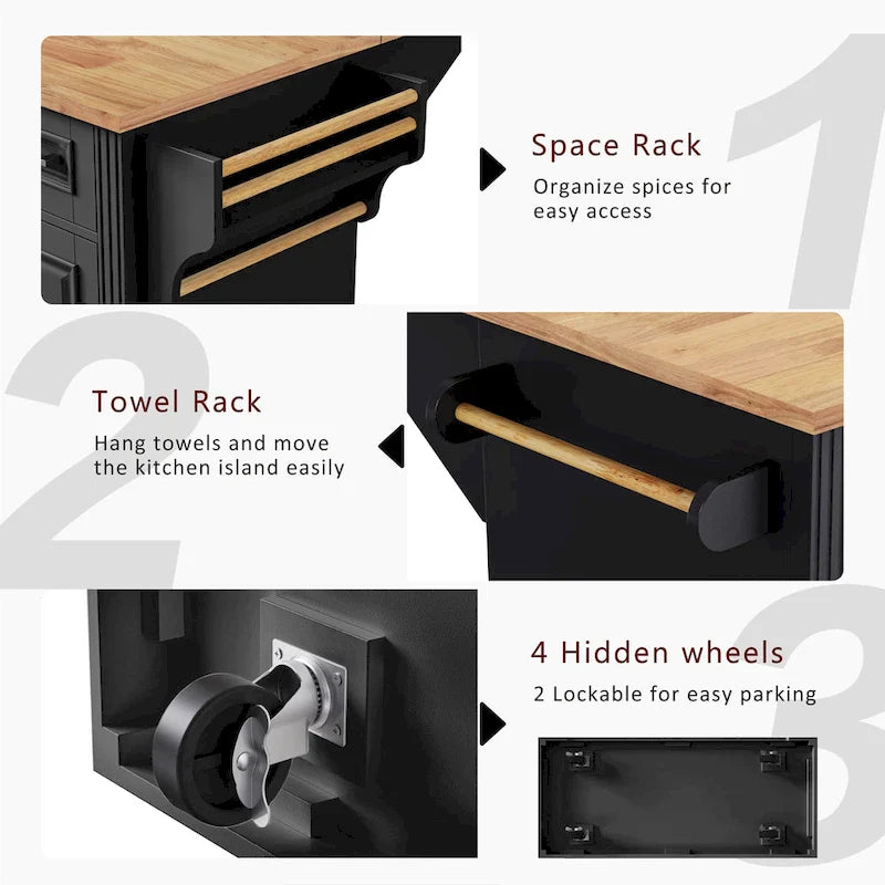 54  Large Kitchen Island with Rubber Wood Drop Leaf, Embossed Texture Rolling Kitchen Cart on 4 Wheels with 4 Doors & 3 Drawers 13