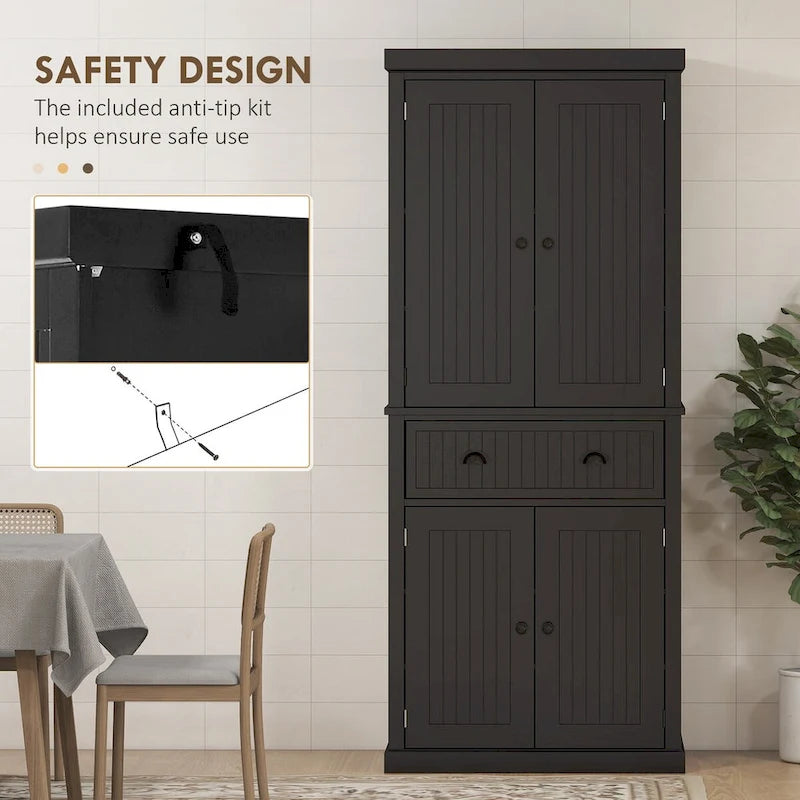 72 Kitchen Pantry Storage Cabinet, Traditional Freestanding Cabinet with 4 Doors and 3 Adjustable Shelves, Large Central Drawer 27