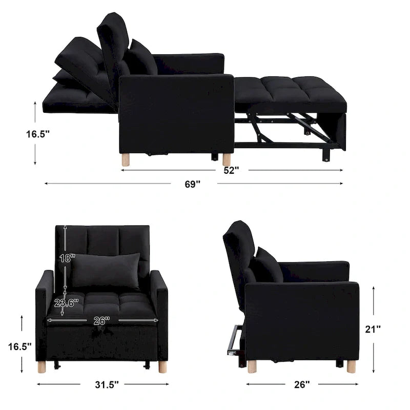 3-in-1 Convertible Sleeper Sofa Lounge Chair Bed, Black 7