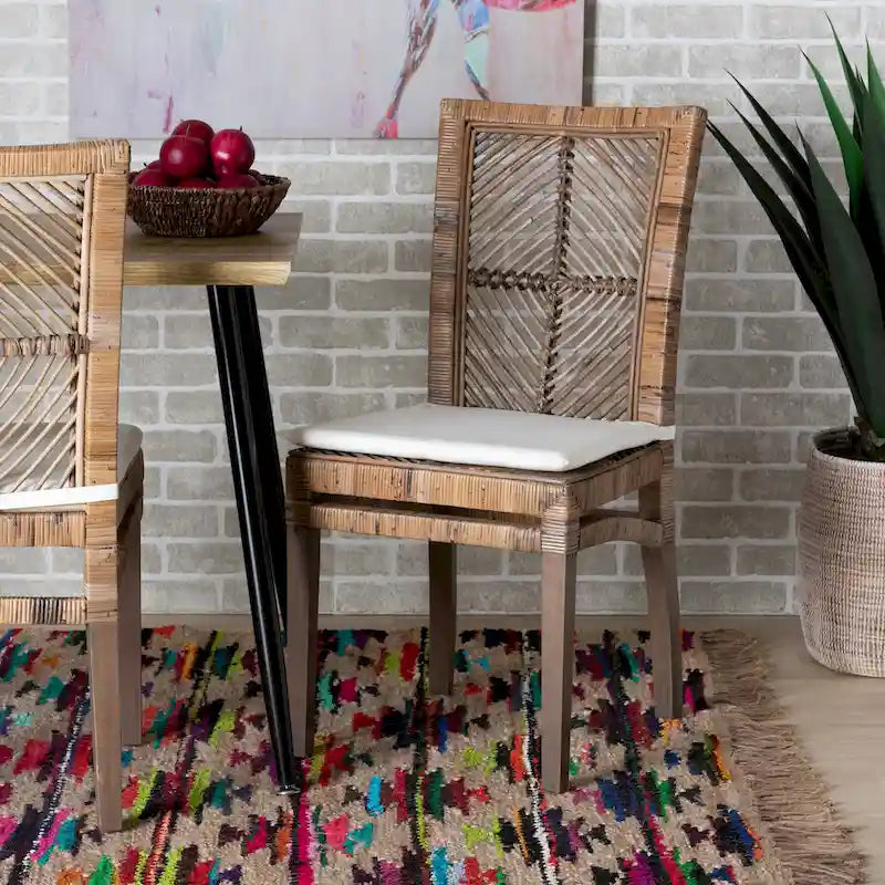 Laluna Modern Bohemian Rattan/ Mahogany Wood Dining Chair with Cushion 1