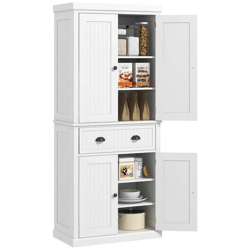 72 Kitchen Pantry Storage Cabinet, Traditional Freestanding Cabinet with 4 Doors and 3 Adjustable Shelves, Large Central Drawer 4