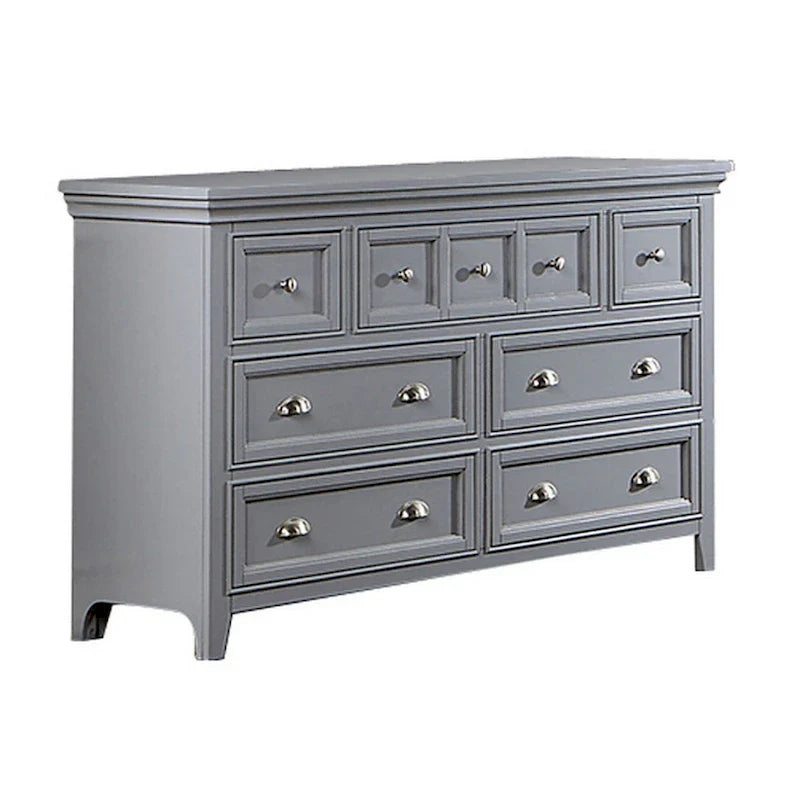 Cile 56 Inch Dresser, 7 Gliding Drawers, Gray Wood, Round Nickel Handles 2