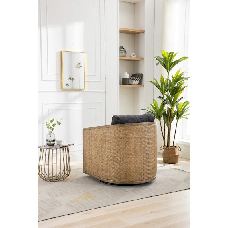 Poltrona a botte girevole, comoda poltrona rotonda d'accento, poltrona club a botte girevole a 360 gradi, poltrona relax con struttura in rattan intrecciato 27