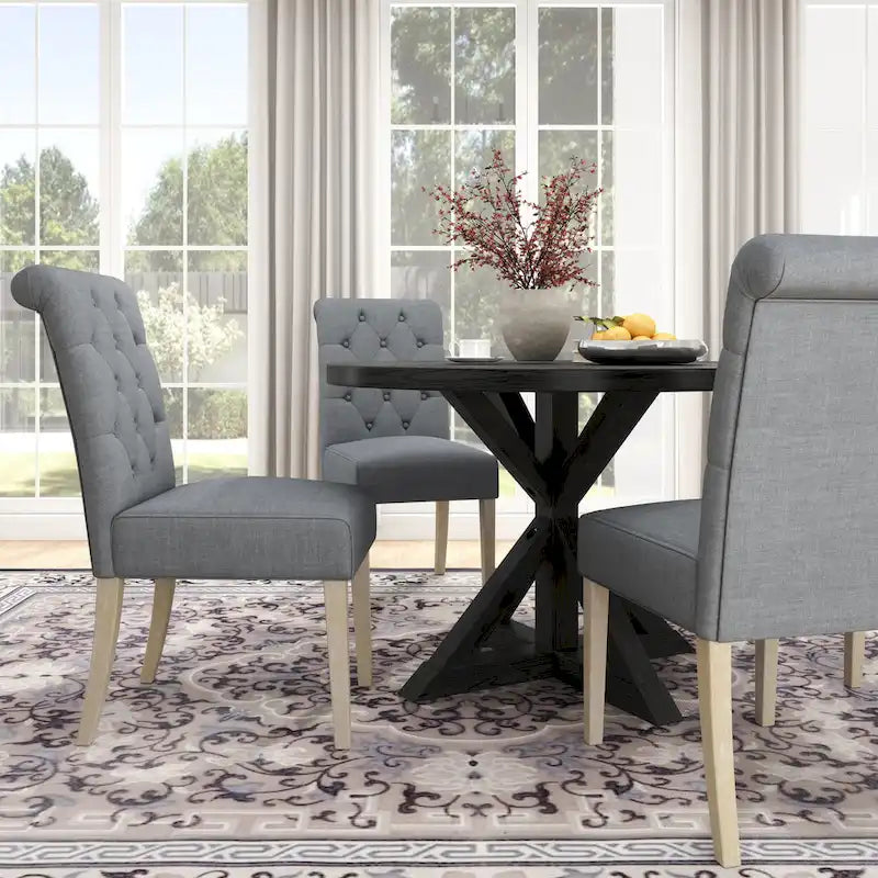5 Piece Dining Table Set, Wooden Kitchen Furniture Set, Round Table with Cross-Buck Pedestal Base and 4 Tufted Chairs 20