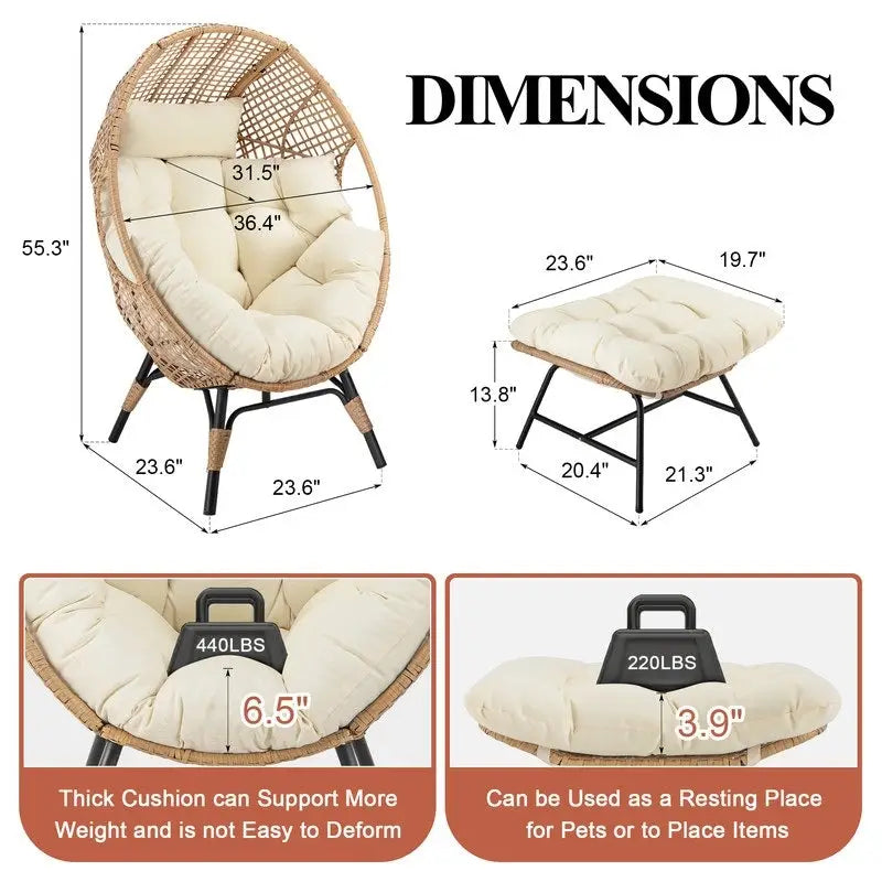 FINCATI Indoor Eggs Chair, 440 lbs Egg Chair Outdoor, Oversized Egg Chair with Ottoman, Luxury Cozy Egg Chair with Foot Rest 24