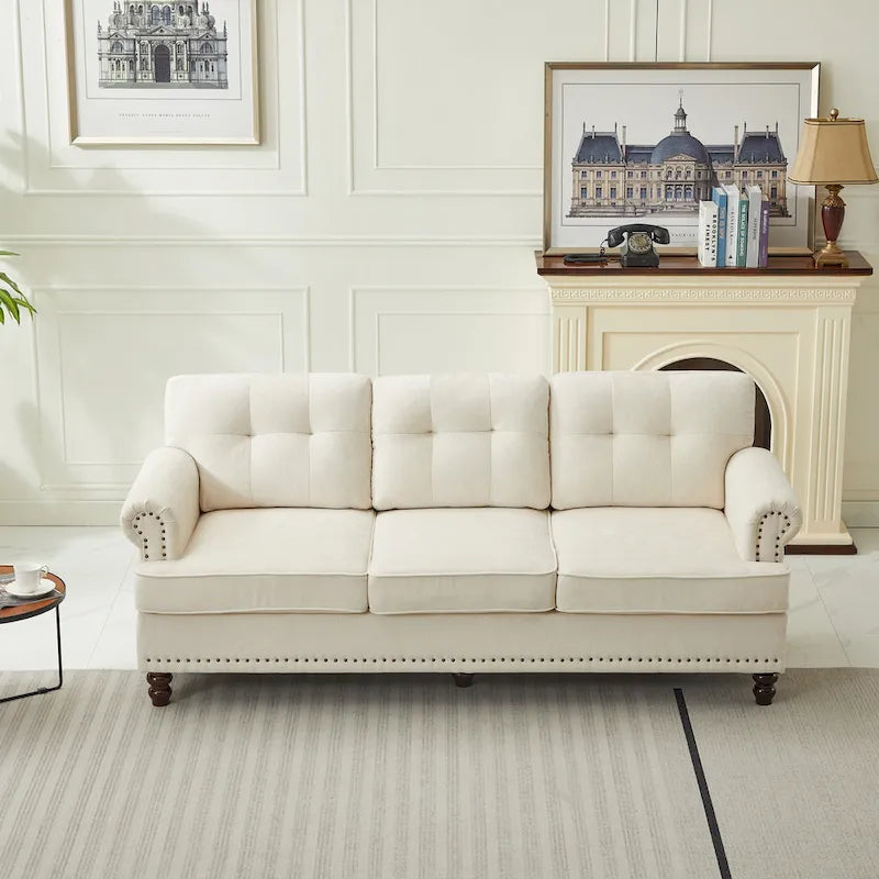 Set of 3 Chenille Sofa Set for Living Room, Button-Tufted & Nailhead Upholstery, Solid Rubberwood Legs 12