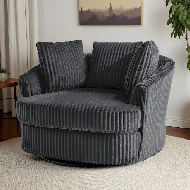 Oversized 43 W Plush Corduroy Recessed Arm Swivel Barrel Chair 8
