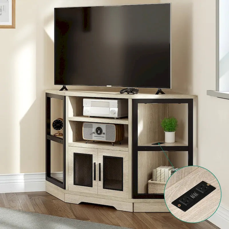 Farmhouse Corner TV Stand Entertainment Center Media Console for TVs up to 55 with Power Outlet 3