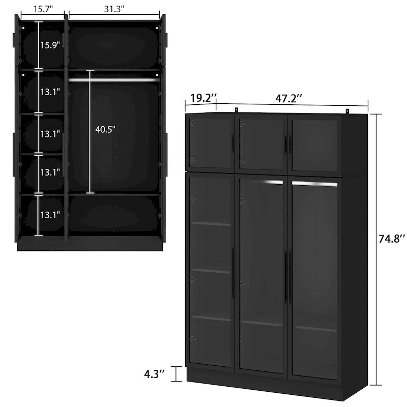 47.2 Wide Armoire LED Light All Glass Door Closet Cabinet Wardrobe 7