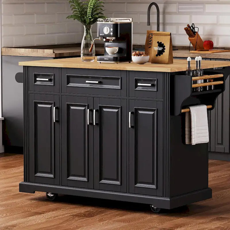 54  Large Kitchen Island with Rubber Wood Drop Leaf, Embossed Texture Rolling Kitchen Cart on 4 Wheels with 4 Doors & 3 Drawers 7