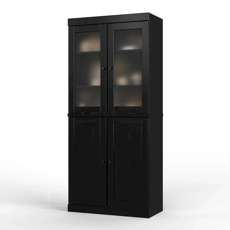 100% Solid Wood Pantry Cabinet with Frosted Glass Doors, Solid Doors, 2-Drawers and Adjustable Shelves 35
