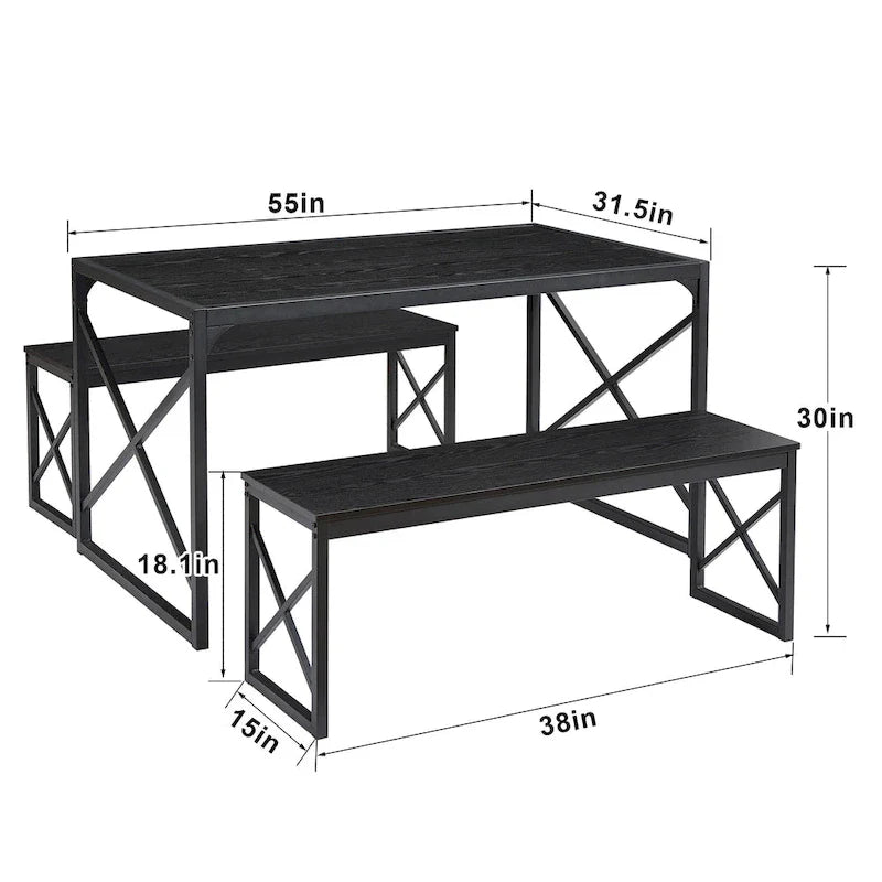 VECELO Tavolo da Pranzo 3 Pezzi con Panca, Set Tavolo da Pranzo per 4-6 Posti, Tavolo da Cucina con 2 Panche, Set Tavolo da Pranzo 15