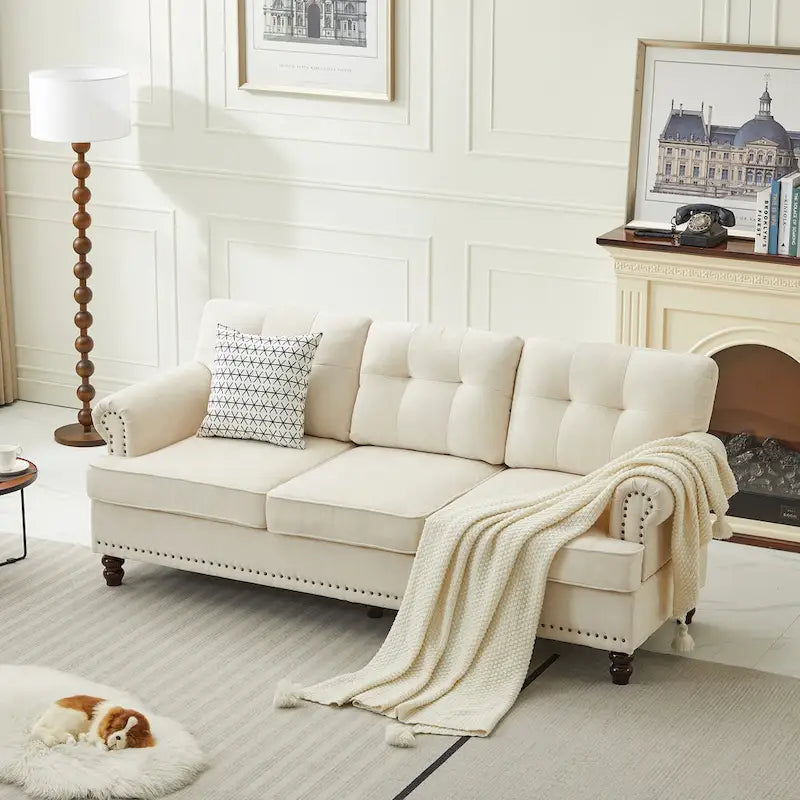 Set of 3 Chenille Sofa Set for Living Room, Button-Tufted & Nailhead Upholstery, Solid Rubberwood Legs 14