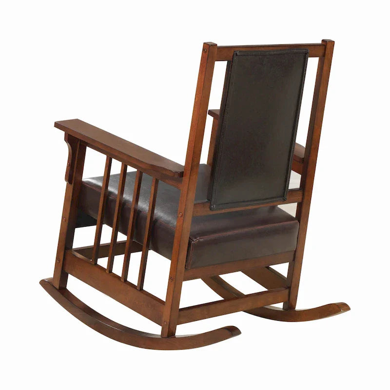Mission Style Rocking Chair, Leather Upholstered Seat & Back, Tobacco and Dark Brown 4