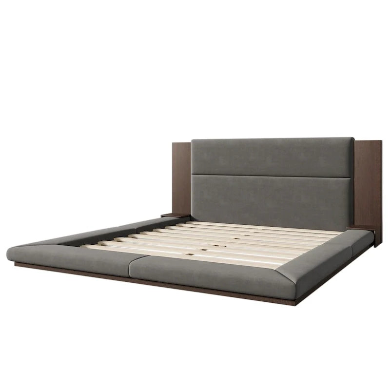 King Gray Floor Upholstered Bed Low Profile Platform Bed w/ Extended Wood Headboard, Built-in Nightstand Shelves 6