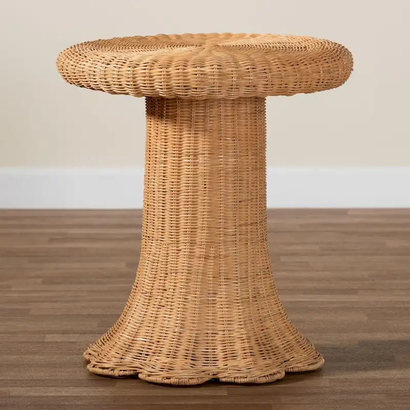 Avalon Scallop Natural Rattan Side Table - Handwoven Wicker Table with Skirted Base, Coastal Style for Living Room or Hallway 9