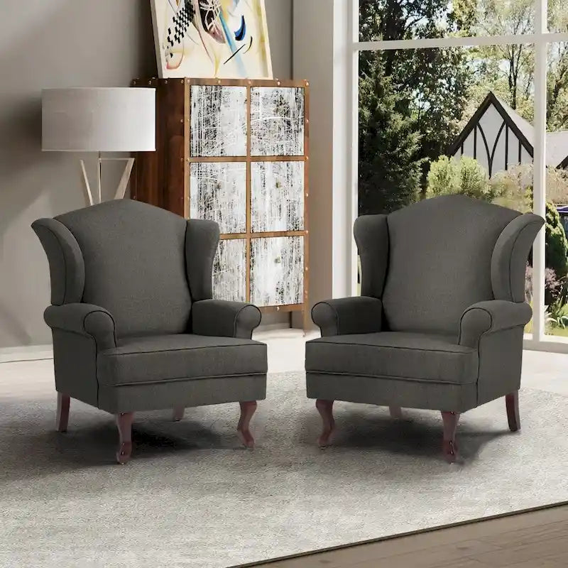 2 Set Traditional Wingback Accent Chairs Upholstered Armchair 8