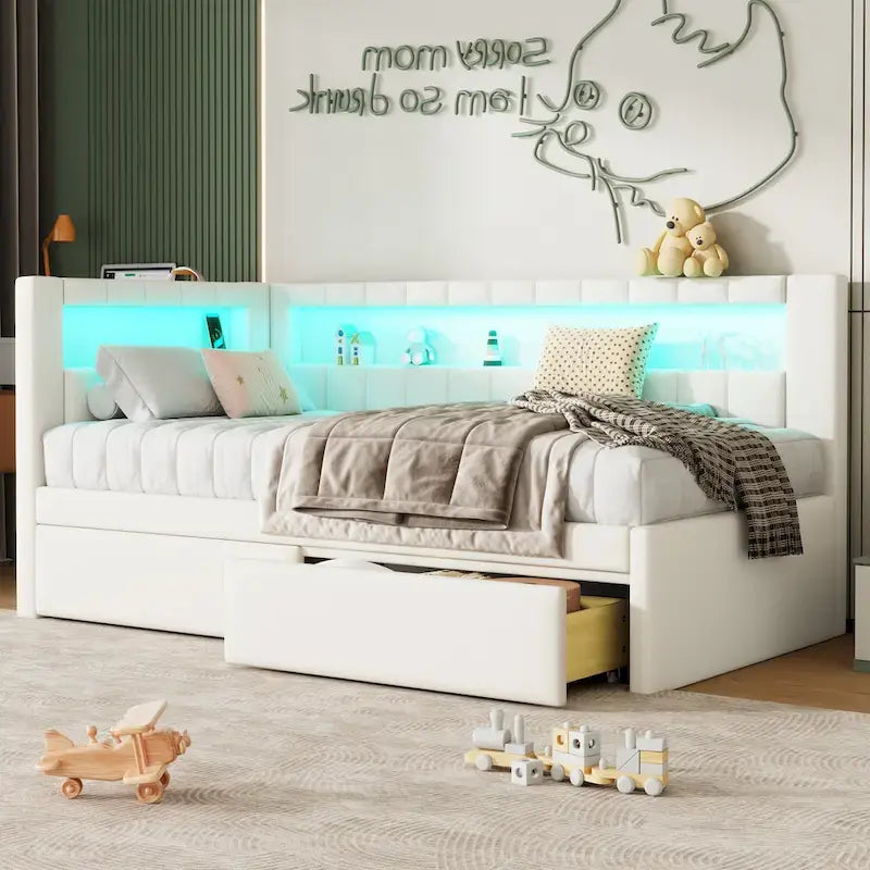 Upholstered Platform Bed with USB Ports & LED Lighting - Full/Twin Size Bed Frame with 2 Storage Drawers - Modern Bedroom 3