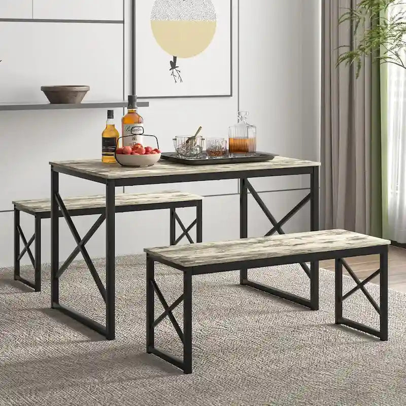 VECELO Tavolo da Pranzo 3 Pezzi con Panca, Set Tavolo da Pranzo per 4-6 Posti, Tavolo da Cucina con 2 Panche, Set Tavolo da Pranzo 20