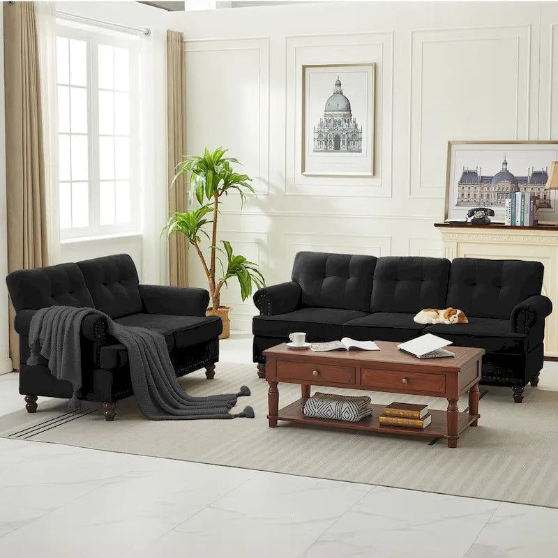 Set of 3 Chenille Sofa Set for Living Room, Button-Tufted & Nailhead Upholstery, Solid Rubberwood Legs 39