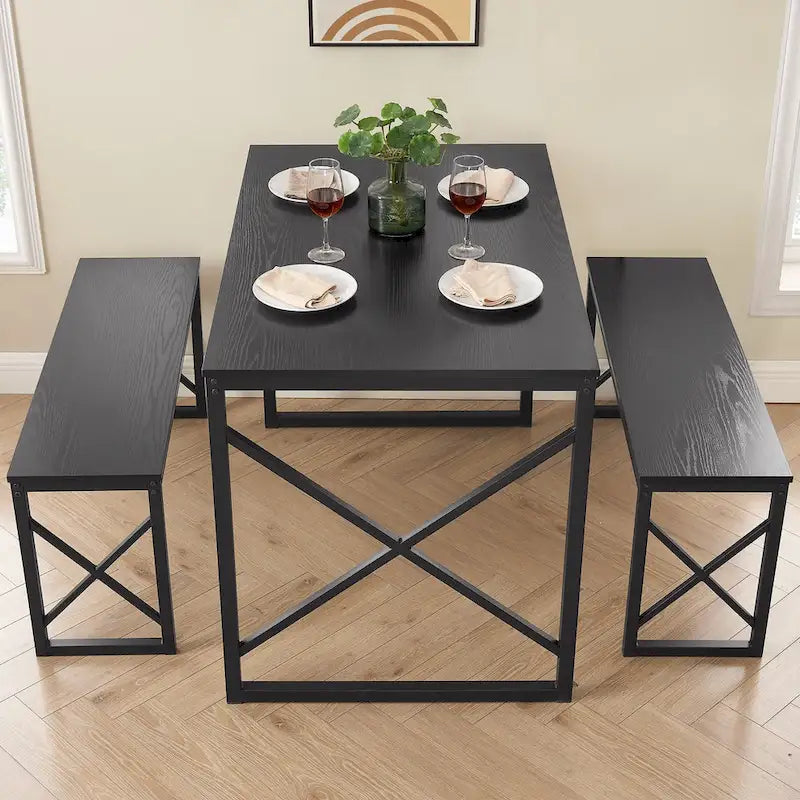 VECELO Tavolo da Pranzo 3 Pezzi con Panca, Set Tavolo da Pranzo per 4-6 Posti, Tavolo da Cucina con 2 Panche, Set Tavolo da Pranzo 22