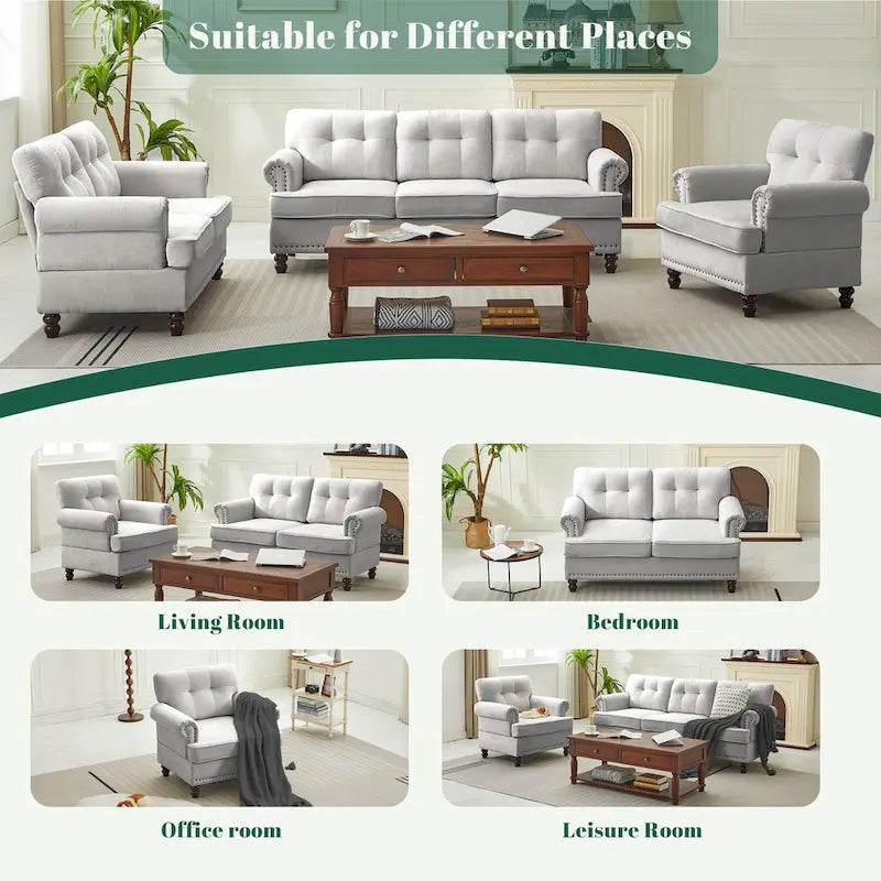 Set of 3 Chenille Sofa Set for Living Room, Button-Tufted & Nailhead Upholstery, Solid Rubberwood Legs 36