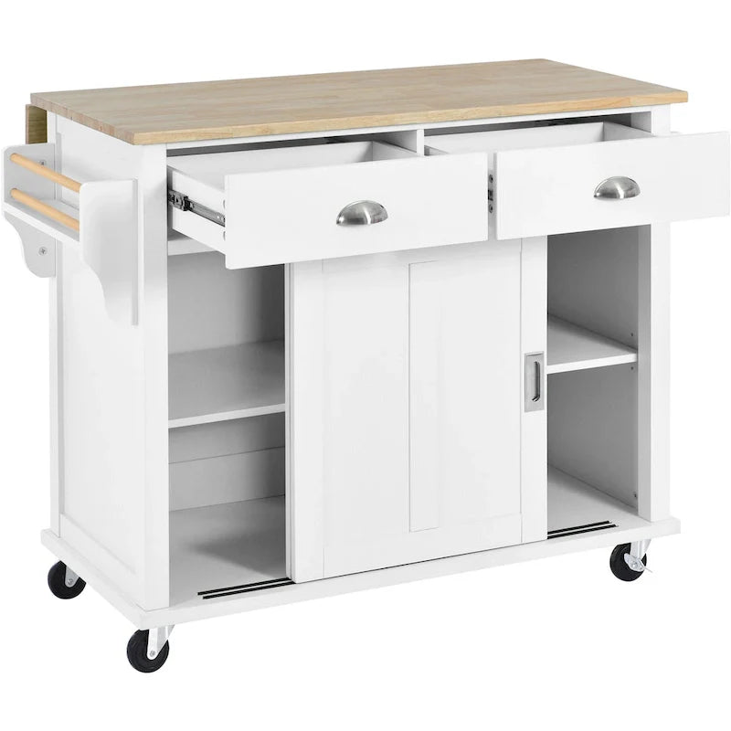 Kitchen Cart with Rubber wood Drop-Leaf Countertop, Concealed sliding barn door adjustable height,Kitchen Island on 4 Wheels 13