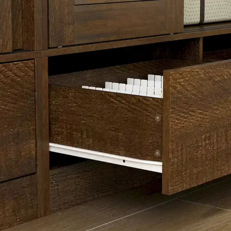 Brown Wardrobe Armoire with Drawers, Hanging Rod 4 Sliding Doors 8