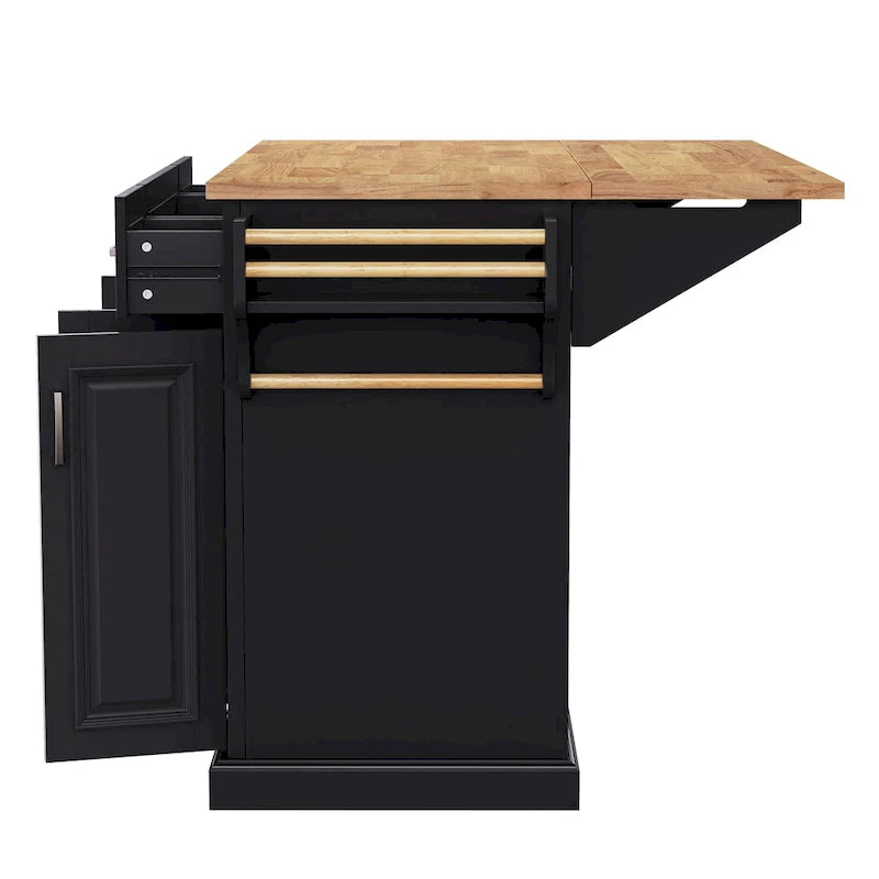 54  Large Kitchen Island with Rubber Wood Drop Leaf, Embossed Texture Rolling Kitchen Cart on 4 Wheels with 4 Doors & 3 Drawers 19