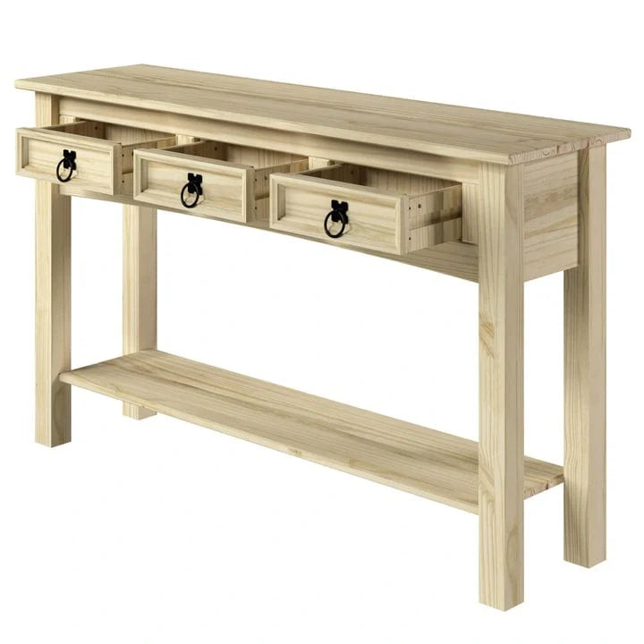 Rustic Solid Pine Console Hall Table, White Wash / Antique Brown / Gray Wash / Unpainted, 3 Drawers 27