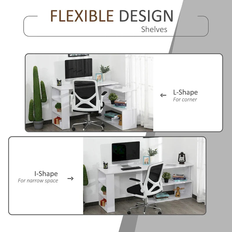 HOMCOM 360 Rotating L-Shaped Corner Desk: White, with Storage Shelves 6